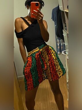 African Ankara  Boho Multicolor Leaf-Print Elastic Waist Shorts for Women